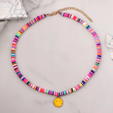Boho Pink Flower Evil Eye Clay Beaded Necklace For Women