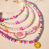 Boho Pink Flower Evil Eye Clay Beaded Necklace For Women