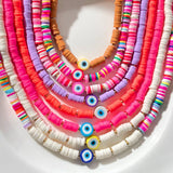 Boho Pink Flower Evil Eye Clay Beaded Necklace For Women