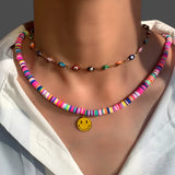 Boho Pink Flower Evil Eye Clay Beaded Necklace For Women