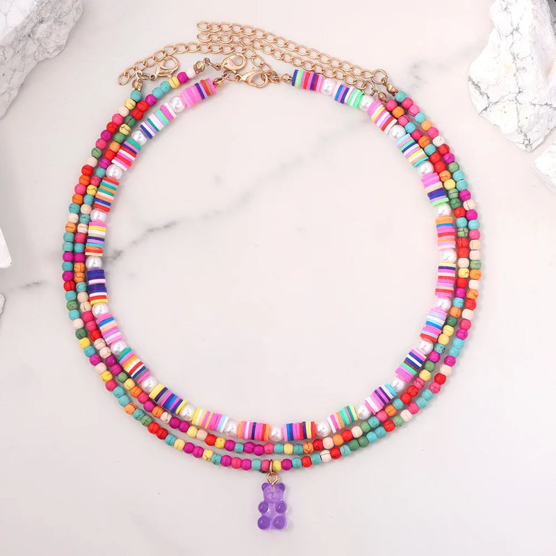 Boho Pink Crystal Bear Necklace for Women