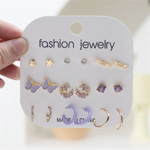 Boho Purple Butterfly Flower Star Stud Earrings Set