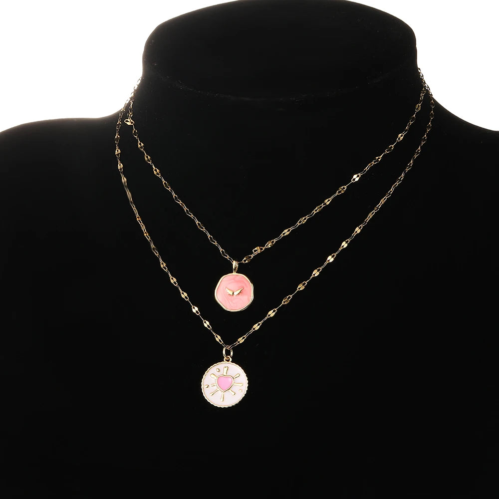 Boho Rainbow Heart Pendant Necklace Colorful Moon Star Long Chain Couple Jewelry