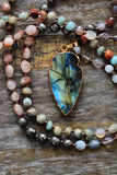 Boho Natural Stone Strawberry Quartz Pyrite Labradorite Pendant Necklace