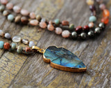 Boho Natural Stone Strawberry Quartz Pyrite Labradorite Pendant Necklace