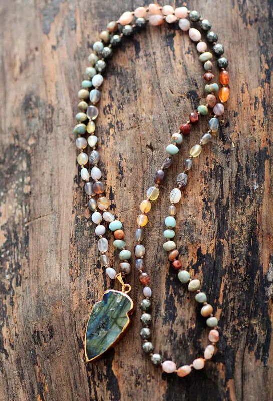 Boho Natural Stone Strawberry Quartz Pyrite Labradorite Pendant Necklace