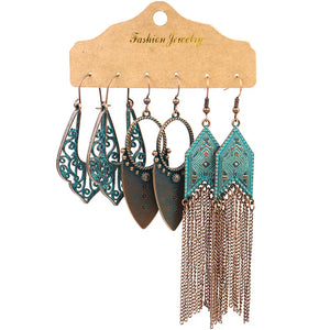 Boho Round Earrings Set Hollow Pattern Tassel Drop Oil Big Jewelry