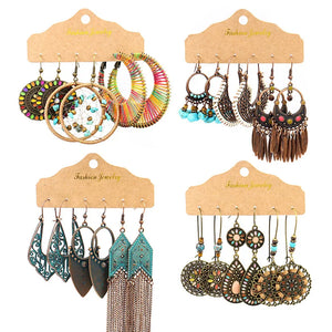 Boho Round Earrings Set Hollow Pattern Tassel Drop Oil Big Jewelry