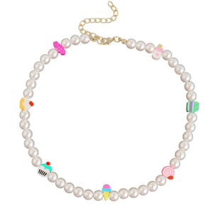 Boho Smiley Face Beaded Pearl Choker Creative Fruit Necklace