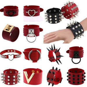 Boho Spike Rivets Bracelet Gothic Red PU Leather Cuff Bangle