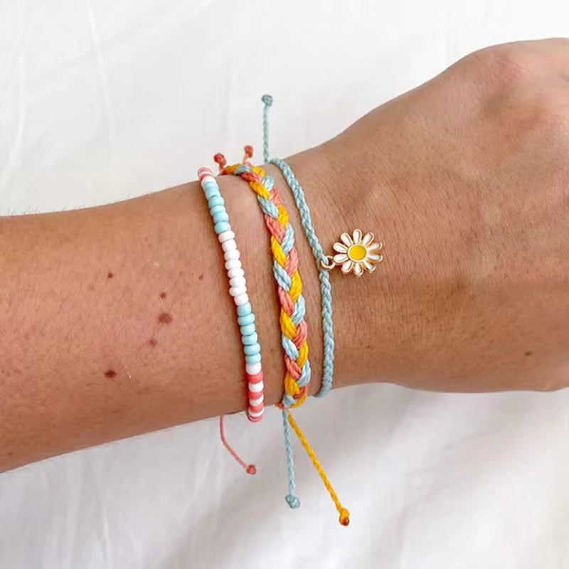 Boho Stained Glass Beads Bracelet Cotton Rope Woven Small Daisy Pendant