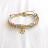 Boho Stained Glass Beads Bracelet Cotton Rope Woven Small Daisy Pendant