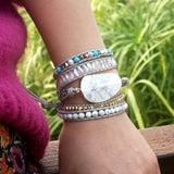 Boho Style Leather Multilayer Bracelet with Mixed Crystal Howlite Stone Charm
