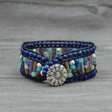 Boho Natural Stone Sunflower Button Leather Bracelet