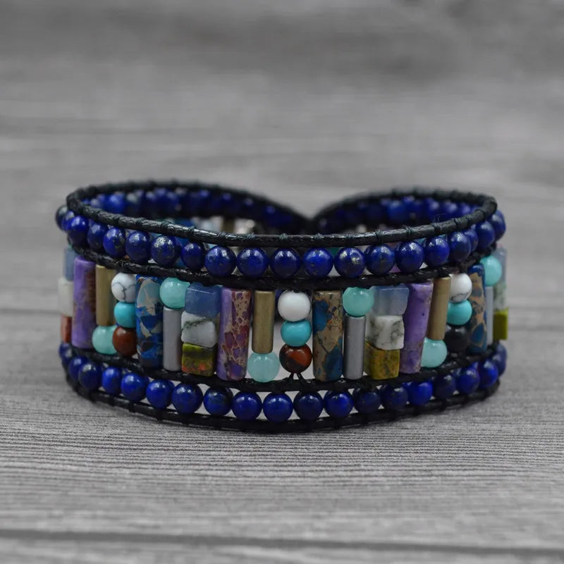 Boho Natural Stone Sunflower Button Leather Bracelet