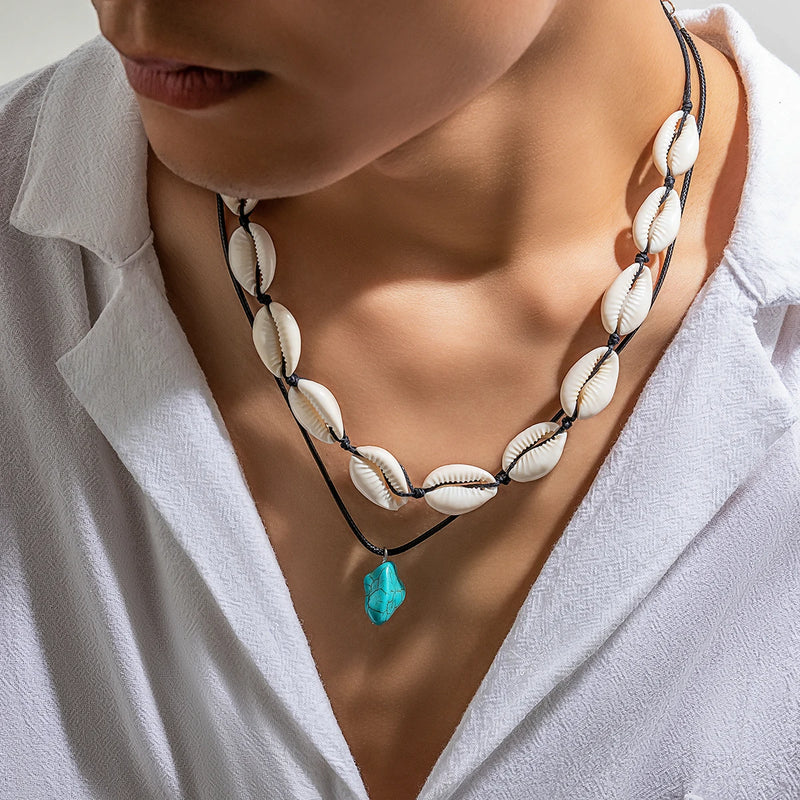 Boho Acrylic Shell Choker Stone Pendant Necklace Men Layered Beach Vacation