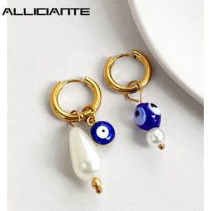 Evil Eye Pearl Asymmetric Hoop Earrings Golden Stainless Steel Circle Earrings