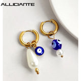 Evil Eye Pearl Asymmetric Hoop Earrings Golden Stainless Steel Circle Earrings