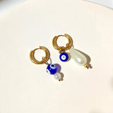 Evil Eye Pearl Asymmetric Hoop Earrings Golden Stainless Steel Circle Earrings