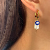 Evil Eye Pearl Asymmetric Hoop Earrings Golden Stainless Steel Circle Earrings