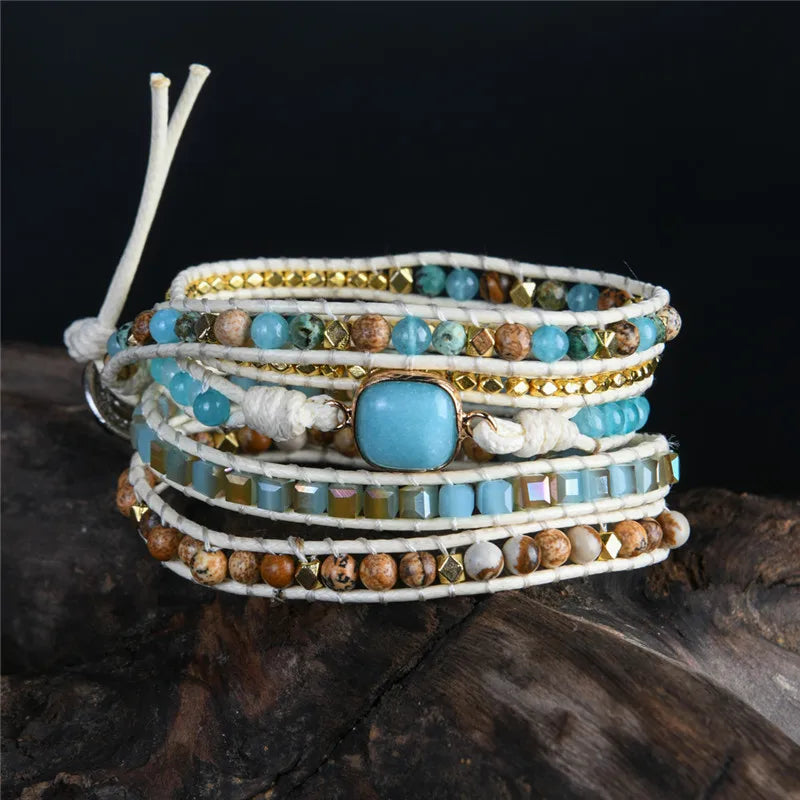 Boho Vintage Stone Wrap Leather Bracelet