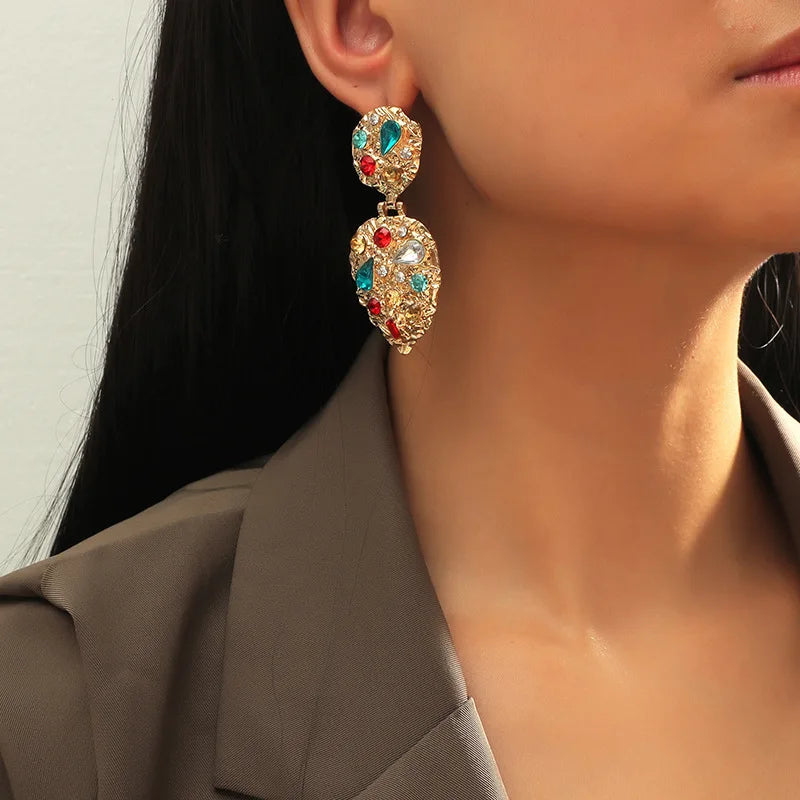 Boho Colorful Crystal Clip Earrings Exaggerated Charm Ear Clips