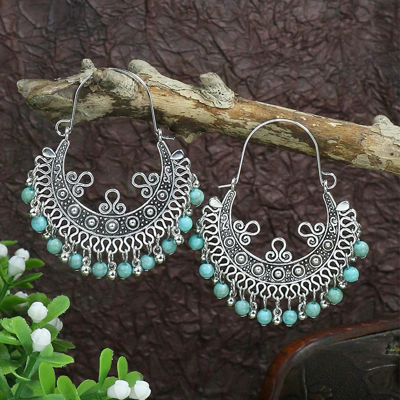 Vintage Tibetan Silver Geometric Drop Earrings Ethnic Stone Beaded Tassel Dangle