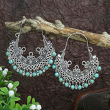 Vintage Tibetan Silver Geometric Drop Earrings Ethnic Stone Beaded Tassel Dangle