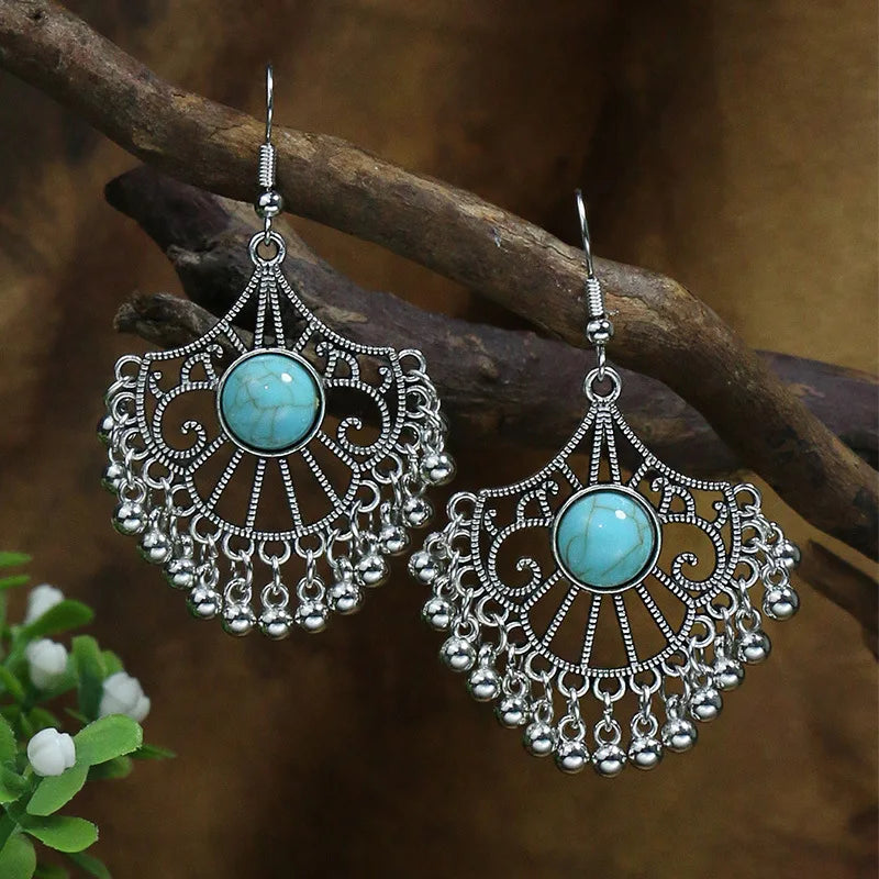 Vintage Tibetan Silver Geometric Drop Earrings Ethnic Stone Beaded Tassel Dangle