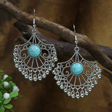 Vintage Tibetan Silver Geometric Drop Earrings Ethnic Stone Beaded Tassel Dangle