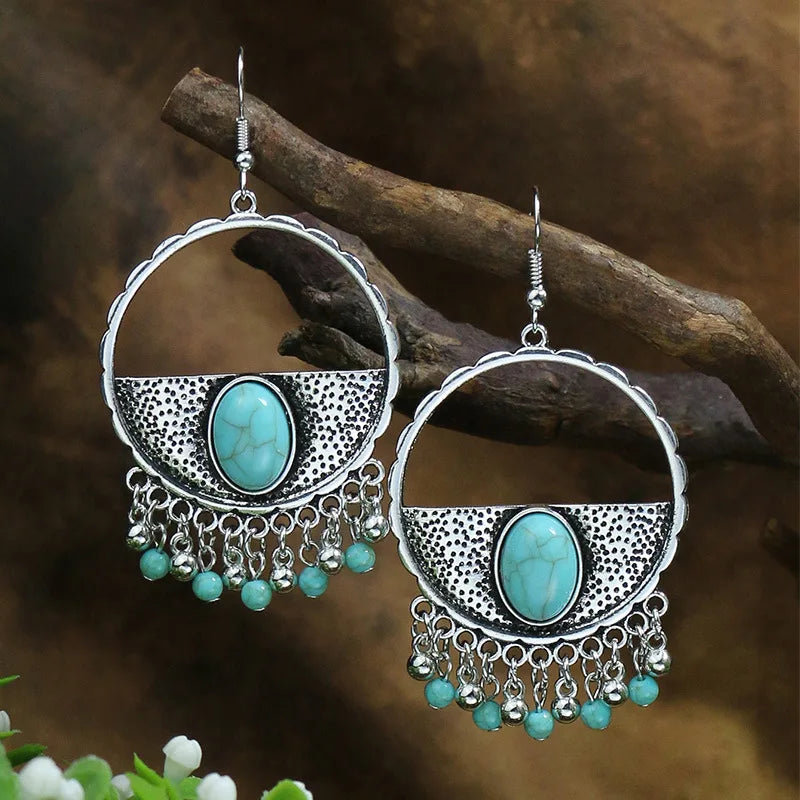 Vintage Tibetan Silver Geometric Drop Earrings Ethnic Stone Beaded Tassel Dangle
