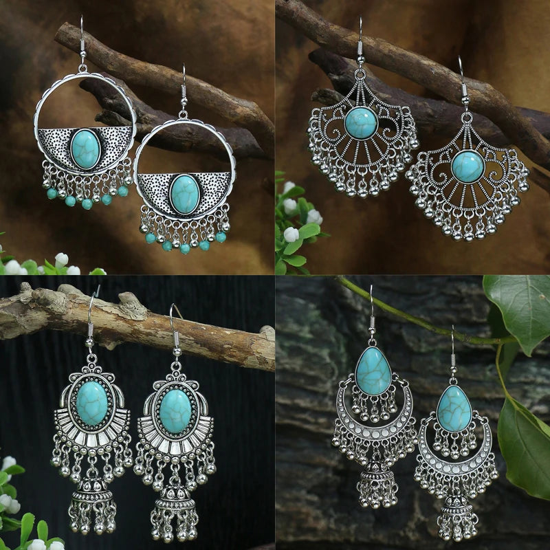 Vintage Tibetan Silver Geometric Drop Earrings Ethnic Stone Beaded Tassel Dangle