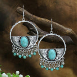Vintage Tibetan Silver Geometric Drop Earrings Ethnic Stone Beaded Tassel Dangle