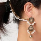Boho Water Drop Long Earrings Indian Headdress Crystal Pearl Tassel Jewelry