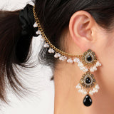 Boho Water Drop Long Earrings Indian Headdress Crystal Pearl Tassel Jewelry