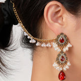 Boho Water Drop Long Earrings Indian Headdress Crystal Pearl Tassel Jewelry