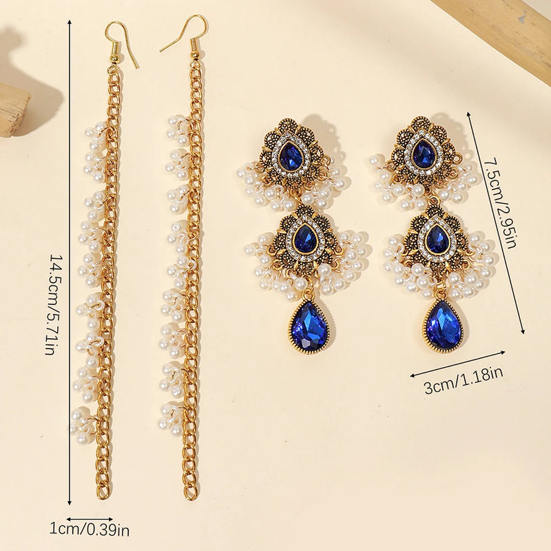 Boho Water Drop Long Earrings Indian Headdress Crystal Pearl Tassel Jewelry