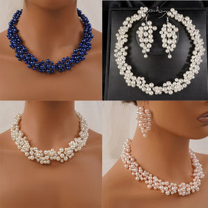 Boho Wedding Bridal Floral Pearls Necklace Earrings Jewelry Set