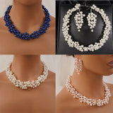 Boho Wedding Bridal Floral Pearls Necklace Earrings Jewelry Set