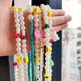 Boho Pearl Cross Smiley Beaded Necklace For Women