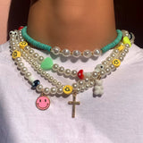 Boho Pearl Cross Smiley Beaded Necklace For Women