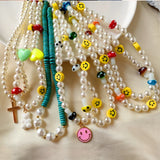 Boho Pearl Cross Smiley Beaded Necklace For Women