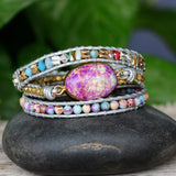 Boho Women Bracelet Leather Wrap Natural Stone Beads Triple Statement Art