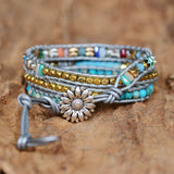 Boho Women Bracelet Leather Wrap Natural Stone Beads Triple Statement Art