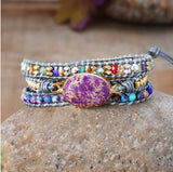 Boho Women Bracelet Leather Wrap Natural Stone Beads Triple Statement Art