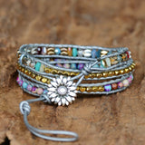 Boho Women Bracelet Leather Wrap Natural Stone Beads Triple Statement Art