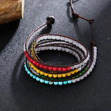 Boho Women Leather Bracelet with Chakra Stones Beads 5 Strands Wrap