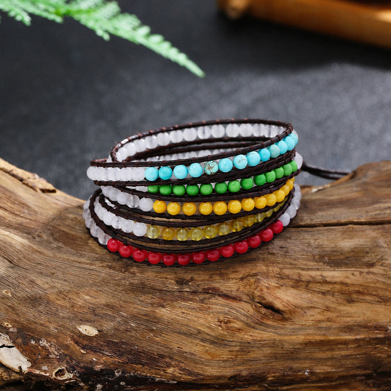 Boho Women Leather Bracelet with Chakra Stones Beads 5 Strands Wrap