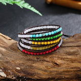 Boho Women Leather Bracelet with Chakra Stones Beads 5 Strands Wrap