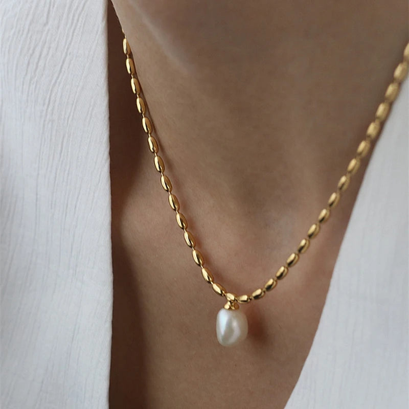 Boho Women Stainless Steel Beads Choker Necklace Freshwater Pearl